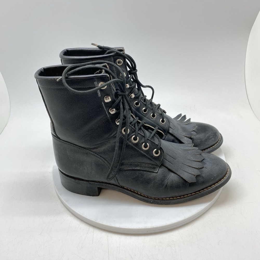 VINTAGE Justin Boots Youth 5 D Womens 7 Black Lace Up Roper Kiltie Made USA 506Y